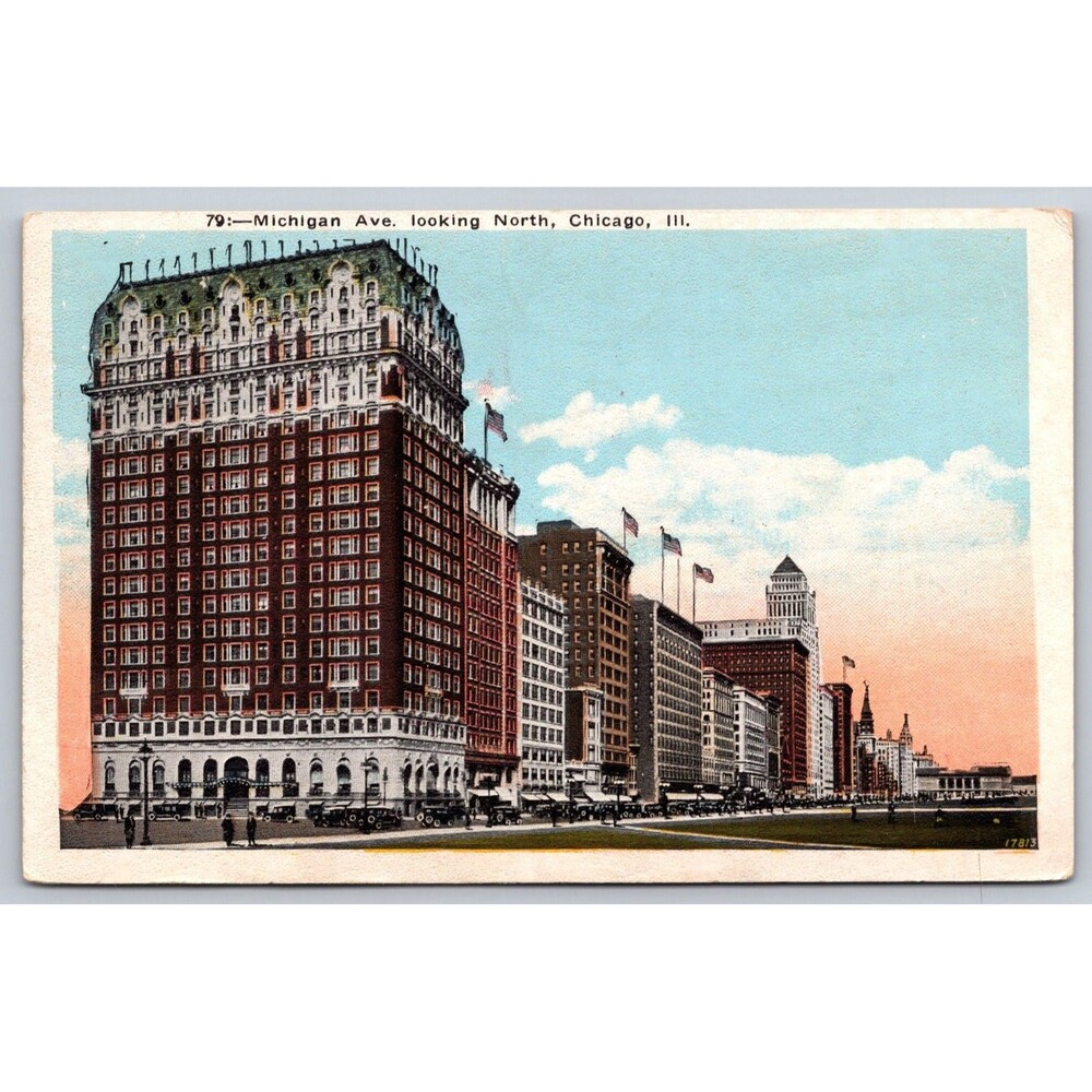 Vintage 1920s Chicago IL Postcard Michigan Ave Looking North Blackstone Hotel